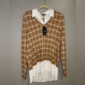 Adrianna Papell Brown Sweater with Faux White Collared Shirt